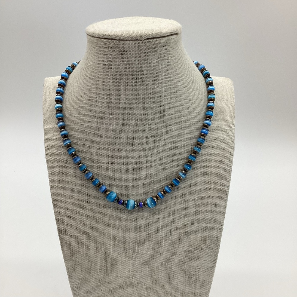 1849. Aquamarine Cat Eye Beaded Necklace w/ Silver Accents